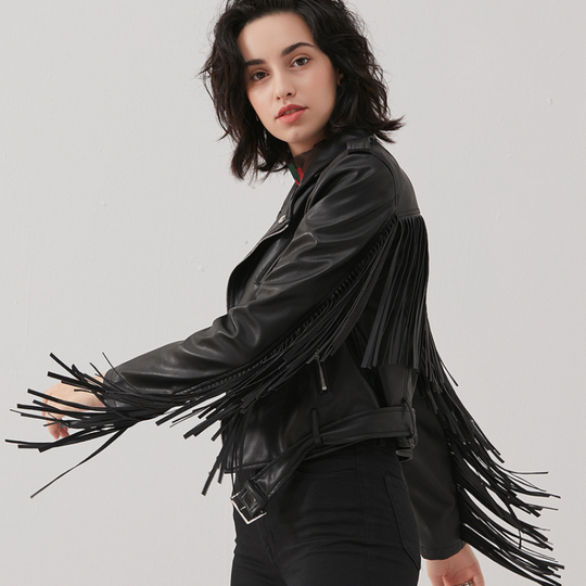 Tassel Slim PU Leather Motorcycle Jacket — Women&