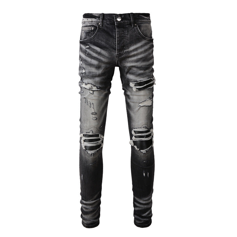 Retro Leather-Trim Ripped Denim — Black Grey