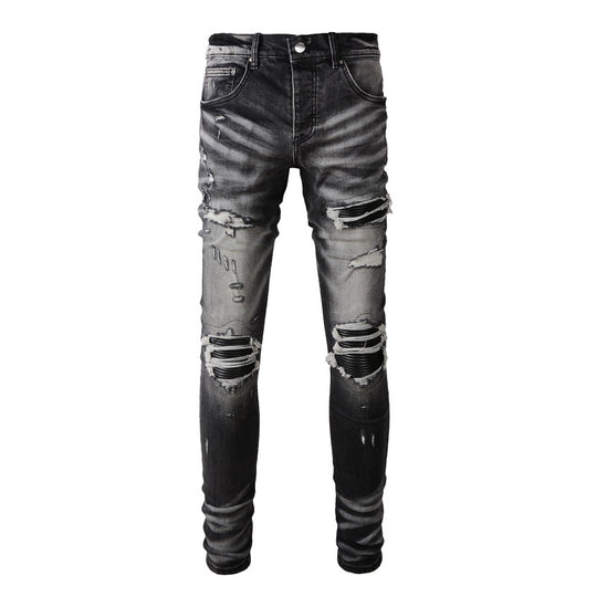 Retro Leather-Trim Ripped Denim — Black Grey