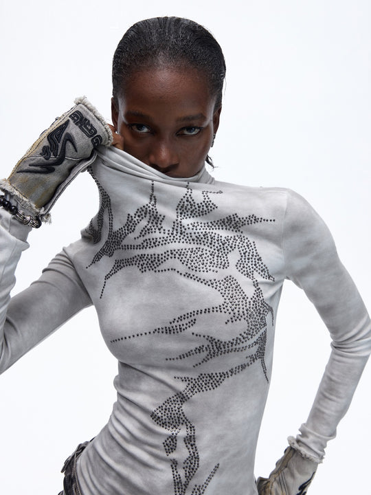 Antique Silver Hot Drill High-Neck Long Sleeve Top