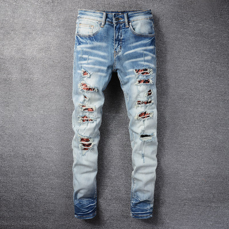 ShopBAM — Distressed Patch Slim Skinny Denim — Sky Blue