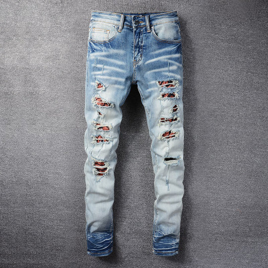 ShopBAM — Distressed Patch Slim Skinny Denim — Sky Blue