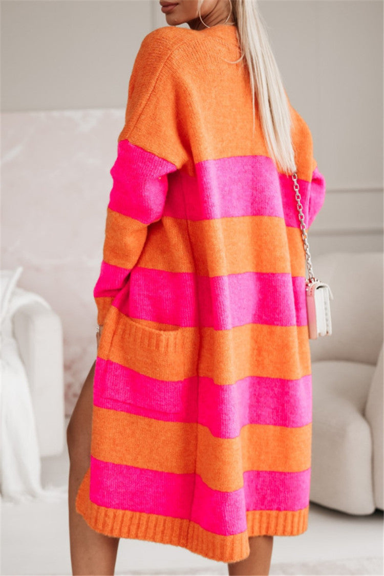 Loose Contrast Color Long Cardigan Sweater