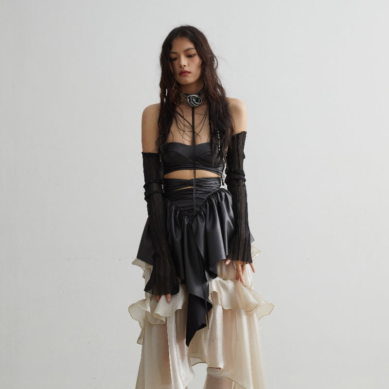 Hollow Heart Ruffled PU Leather Tube Top — Black