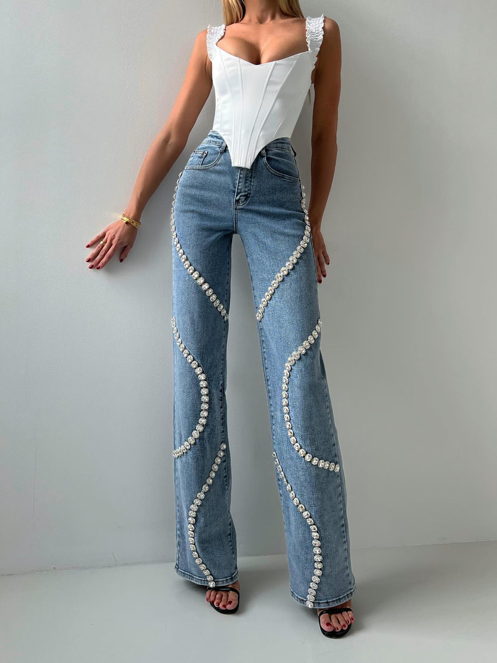 Rhinestone Embellished Straight Leg Jeans — Women's