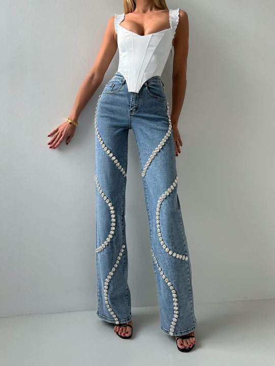 Rhinestone Embellished Straight Leg Jeans — Women&