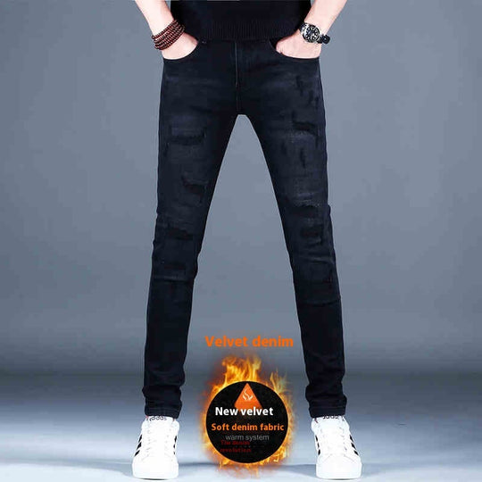 Fleece-Lined Ripped Stretch Denim — Winter Blue