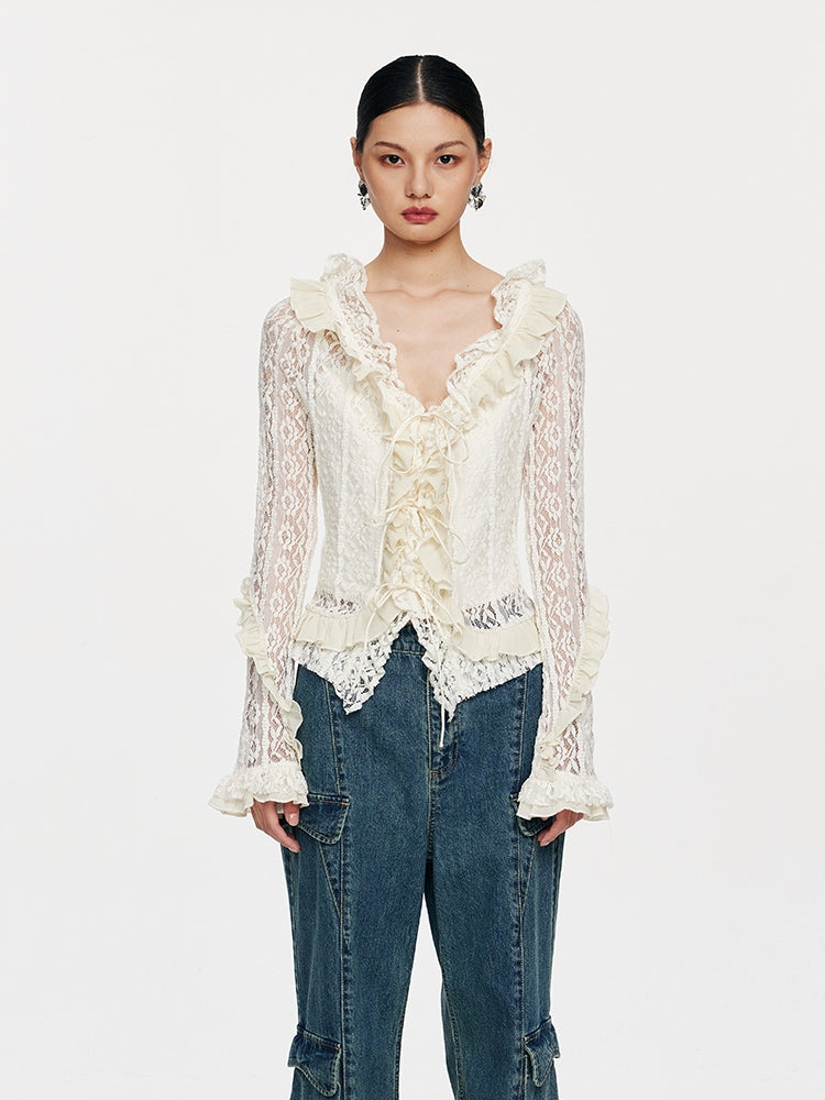 Lace Tie with Fungus Edge Long Sleeved Pullover