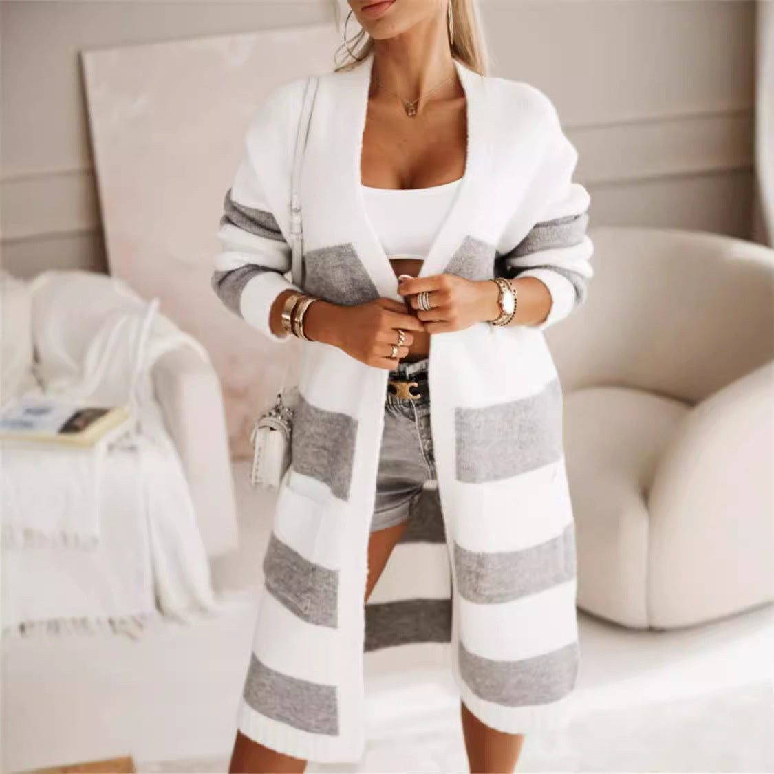 Loose Contrast Color Long Cardigan Sweater