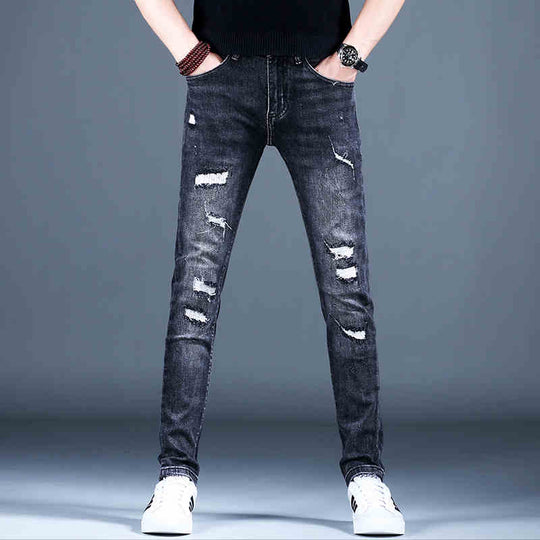 Fleece-Lined Ripped Stretch Denim — Winter Blue