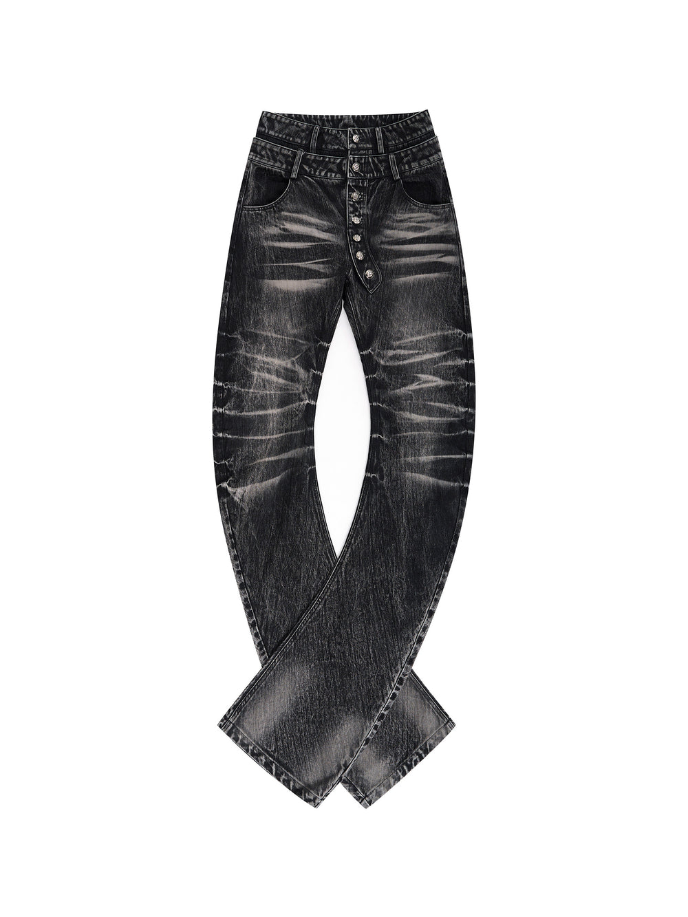 Bamboo-Stripe Double-Waist Metal Button Denim — Black