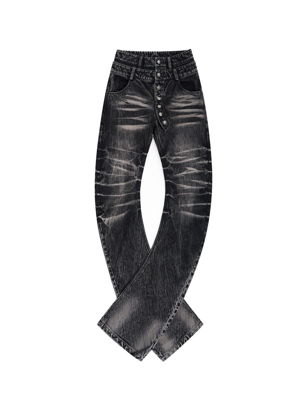 Bamboo-Stripe Double-Waist Metal Button Denim — Black