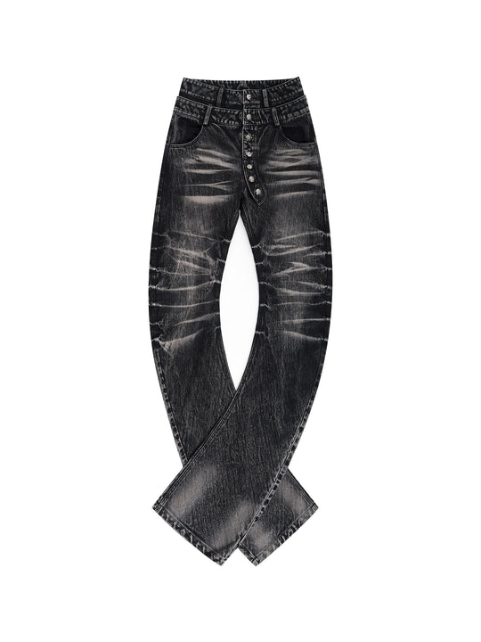 Bamboo-Stripe Double-Waist Metal Button Denim — Black