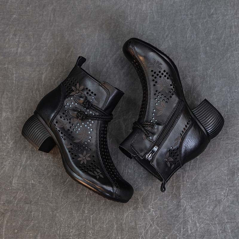 Hollow-Out Leather Retro Boots — Women&