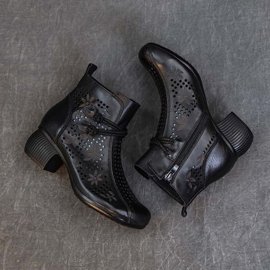 Hollow-Out Leather Retro Boots — Women&