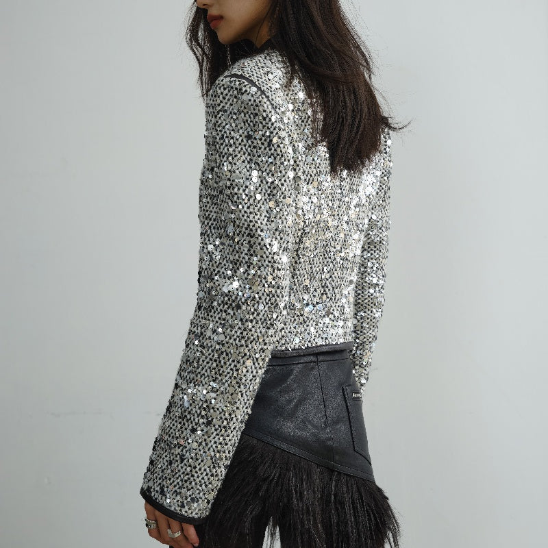 Sequined Short Coat — Low Collar, White