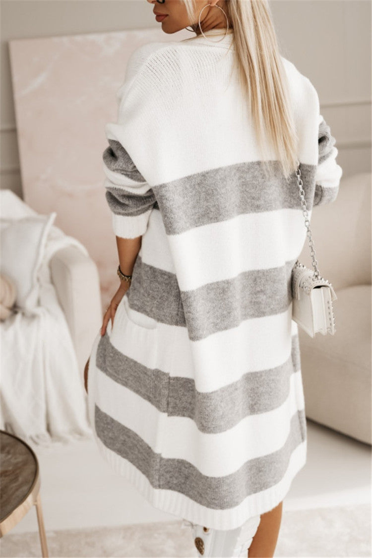 Loose Contrast Color Long Cardigan Sweater