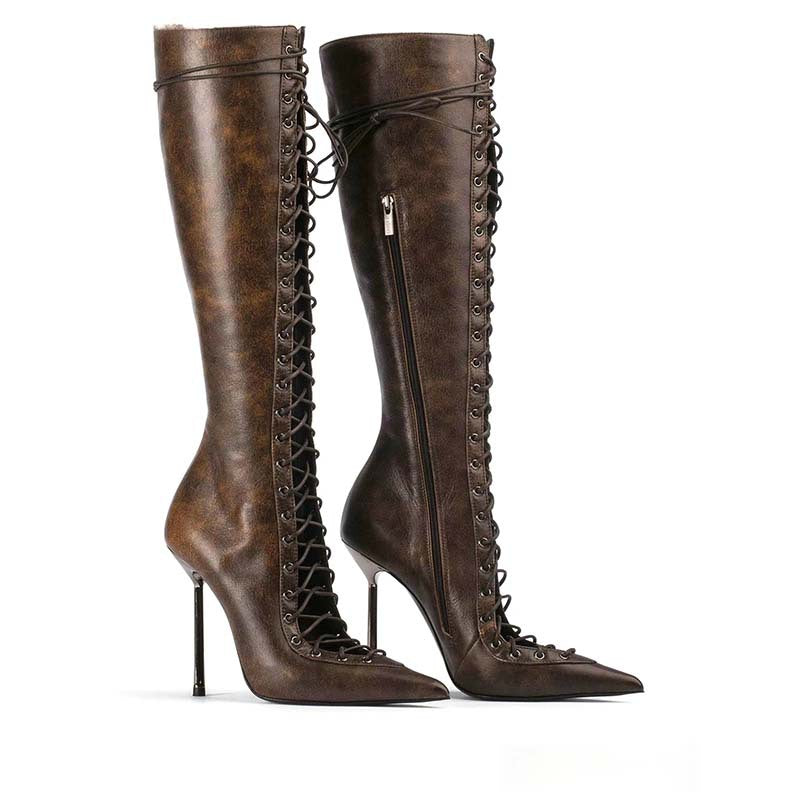 Pointed-toe Hollowed Cross Lace-up Stiletto Heel Boots