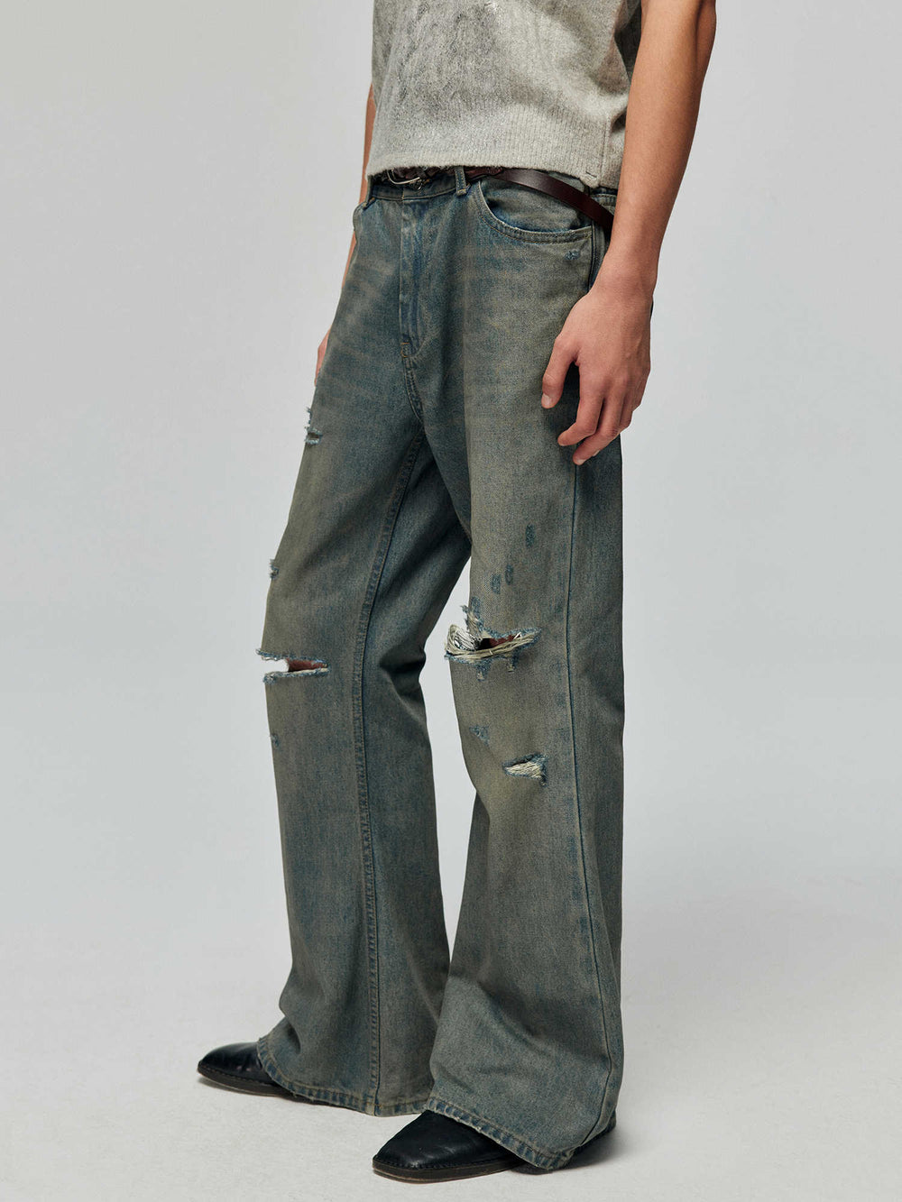 Cotton Retro Ripped Loose Micro-Flare Denim — Washed Blue