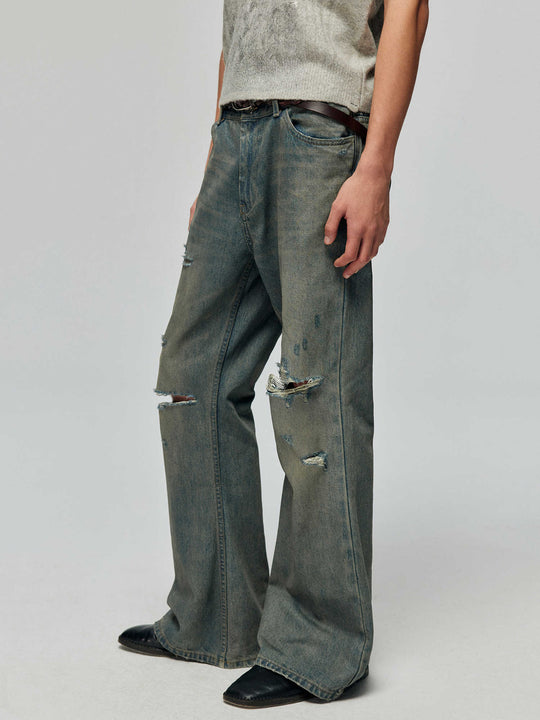 Cotton Retro Ripped Loose Micro-Flare Denim — Washed Blue