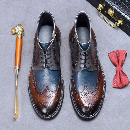 Mens Brogue Leather Vintage Color Blocking Carved Boots