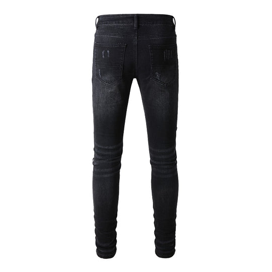 Print-Patch Distressed Stretch Denim — Faded Blue