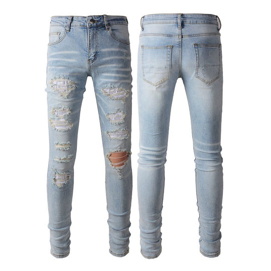 Diamond-Patch Ripped Stretch Skinny Denim — Light Blue