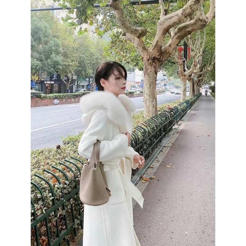 Thickened Woolen Coat Casual Hooded Lace-Up Fur Collar