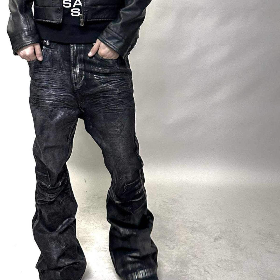 ShopBAM — Two-Tone Bronzing Wax Distressed Flare Denim — Multi-Color