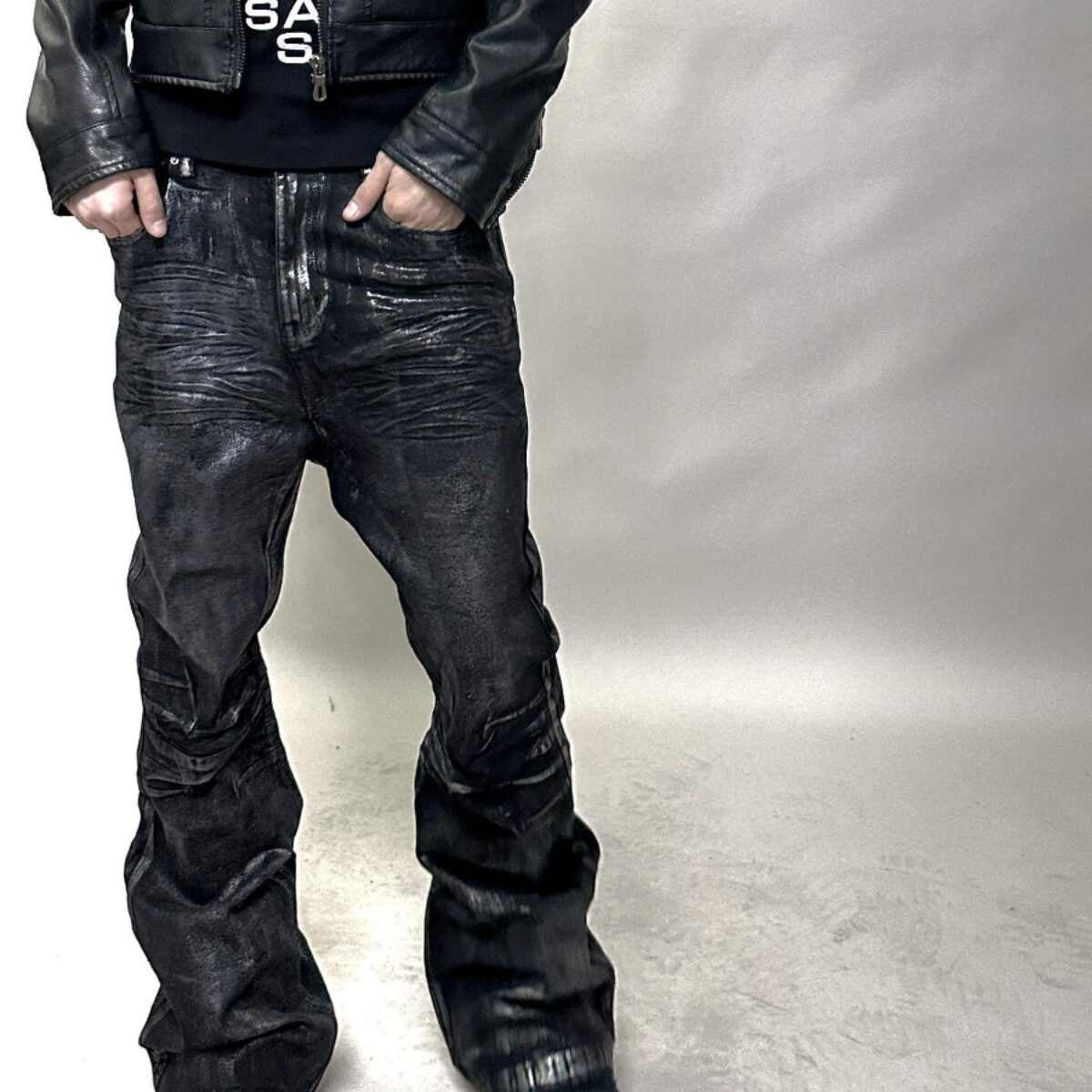 ShopBAM — Two-Tone Bronzing Wax Distressed Flare Denim — Multi-Color