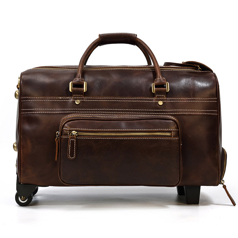 Genuine Leather Retro Trolley Travel Bag