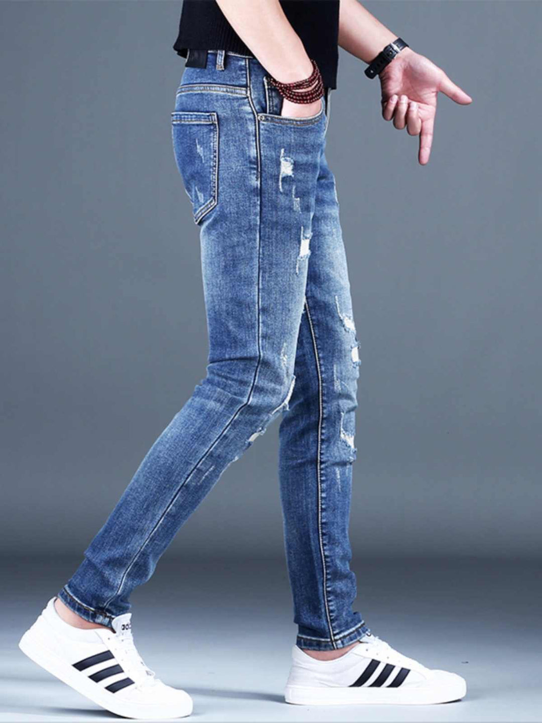 Fleece-Lined Ripped Stretch Denim — Winter Blue