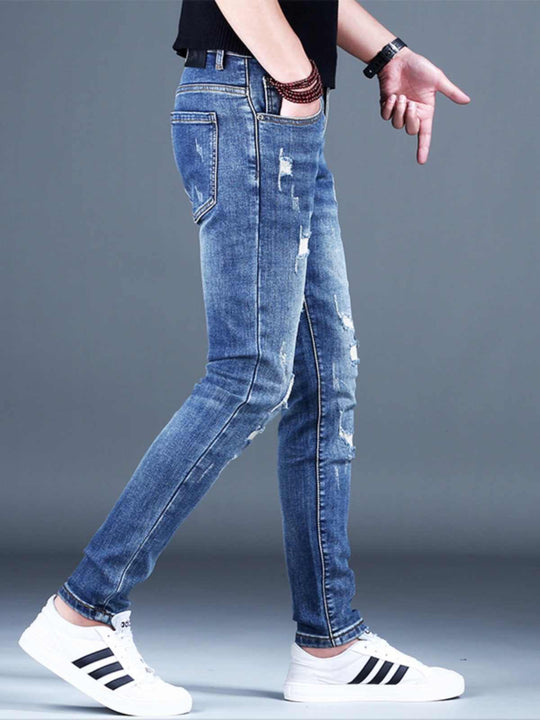 Fleece-Lined Ripped Stretch Denim — Winter Blue