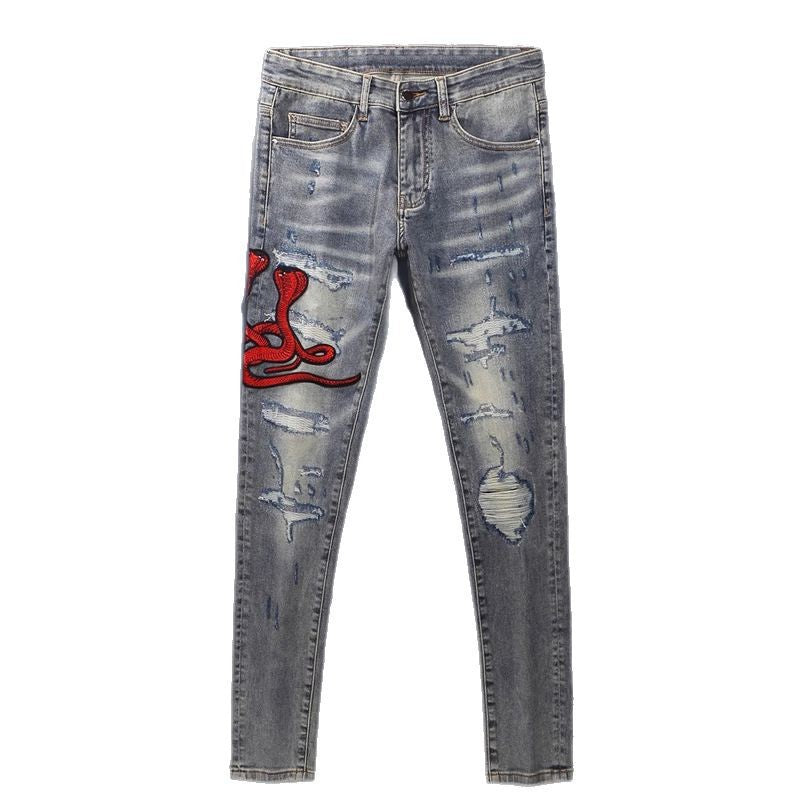 Embroidered Patch Distressed Denim — Vintage Wash