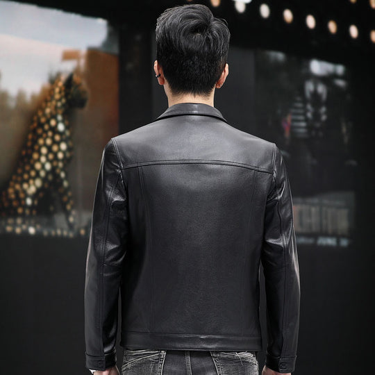 Cowhide Polo Collar Leather Jacket — Men&