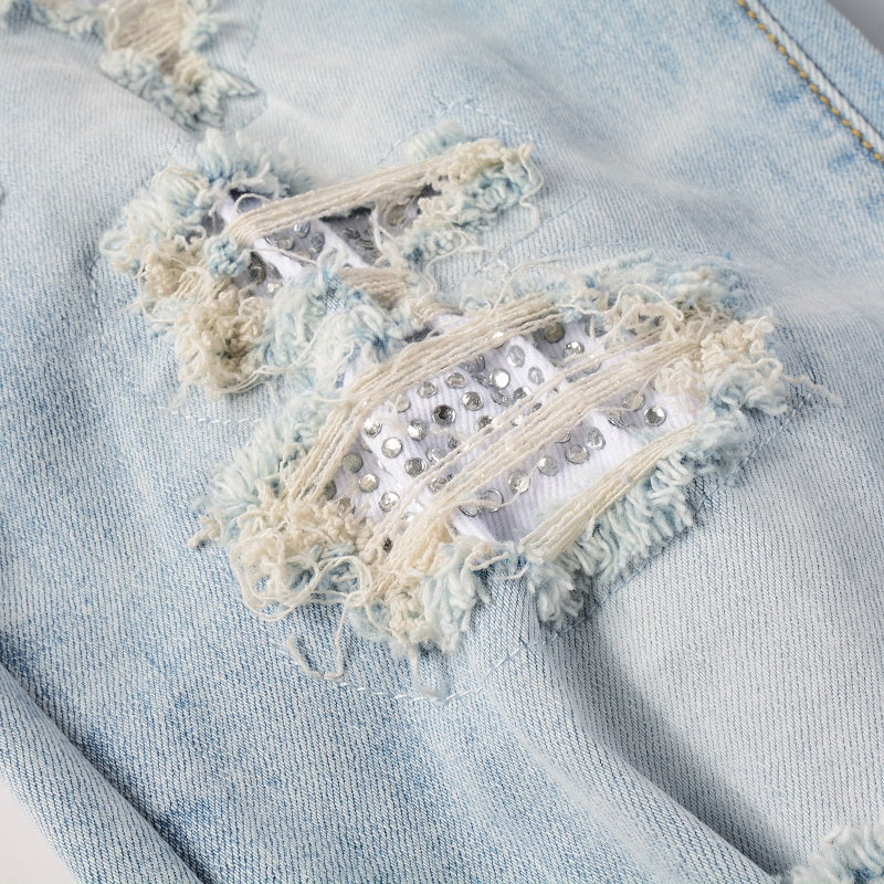 Diamond-Patch Ripped Stretch Skinny Denim — Light Blue