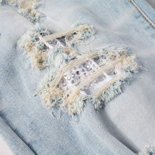 Diamond-Patch Ripped Stretch Skinny Denim — Light Blue