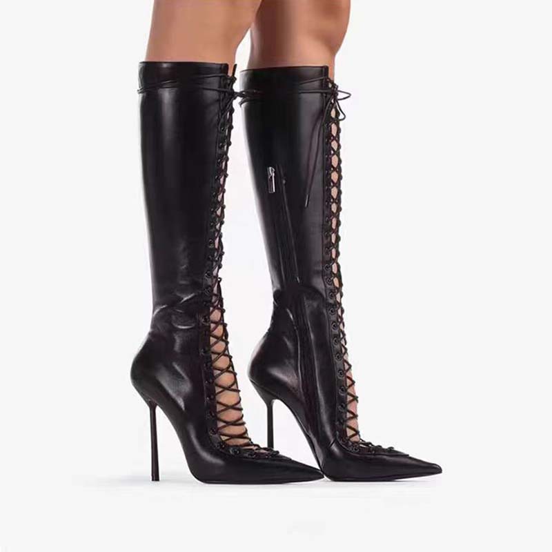 Pointed-toe Hollowed Cross Lace-up Stiletto Heel Boots