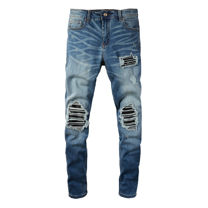 Leather-Patch Pleated Vintage Denim — Light Wash