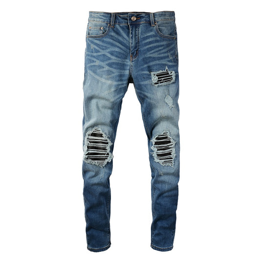 Leather-Patch Pleated Vintage Denim — Light Wash