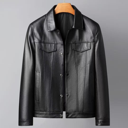 Cowhide Polo Collar Leather Jacket — Men&