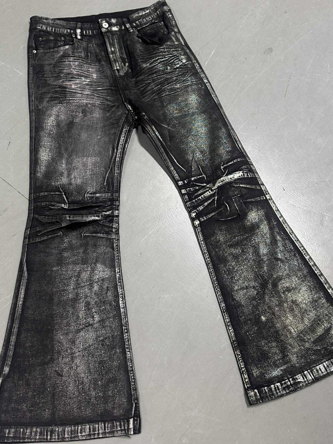 Two-Tone Bronzing Wax Distressed Flare Denim — Multi-Color