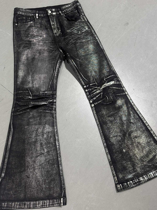 Two-Tone Bronzing Wax Distressed Flare Denim — Multi-Color