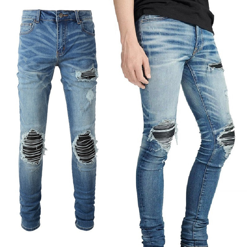 ShopBAM — Leather-Patch Pleated Vintage Denim — Light Wash