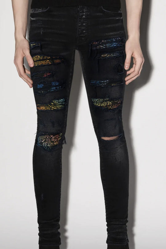 Print-Patch Distressed Stretch Denim — Faded Blue
