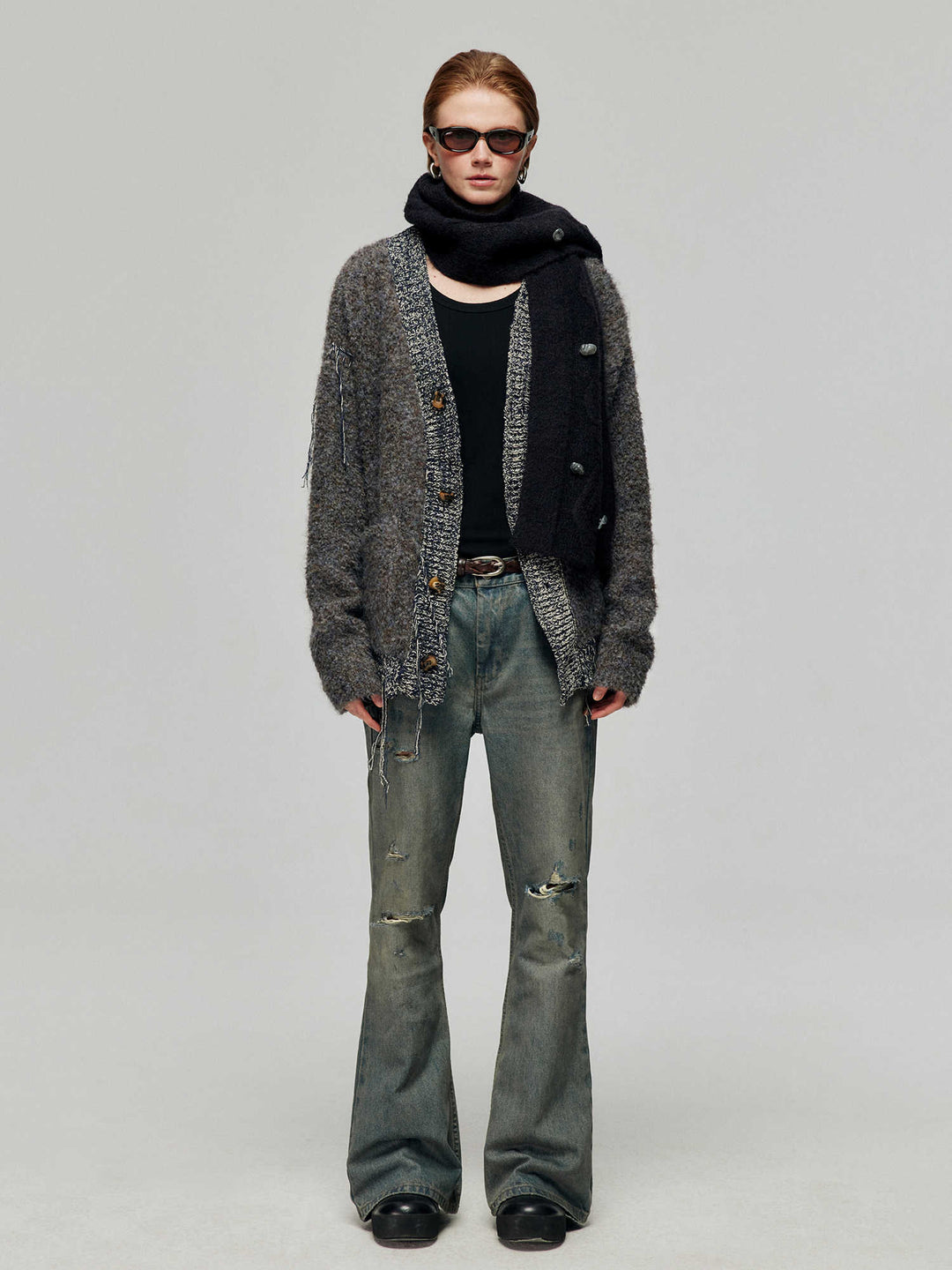 Cotton Retro Ripped Loose Micro-Flare Denim — Washed Blue