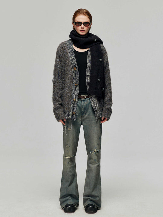 Cotton Retro Ripped Loose Micro-Flare Denim — Washed Blue