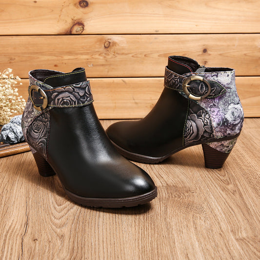 Ankle Boots Side Zipper Leather Loop Buckle