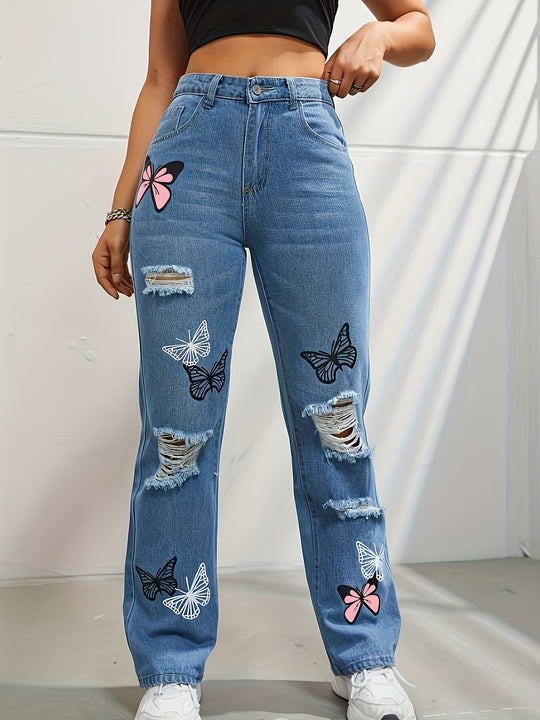 Butterfly Print High-Waist Straight Jeans — Women&