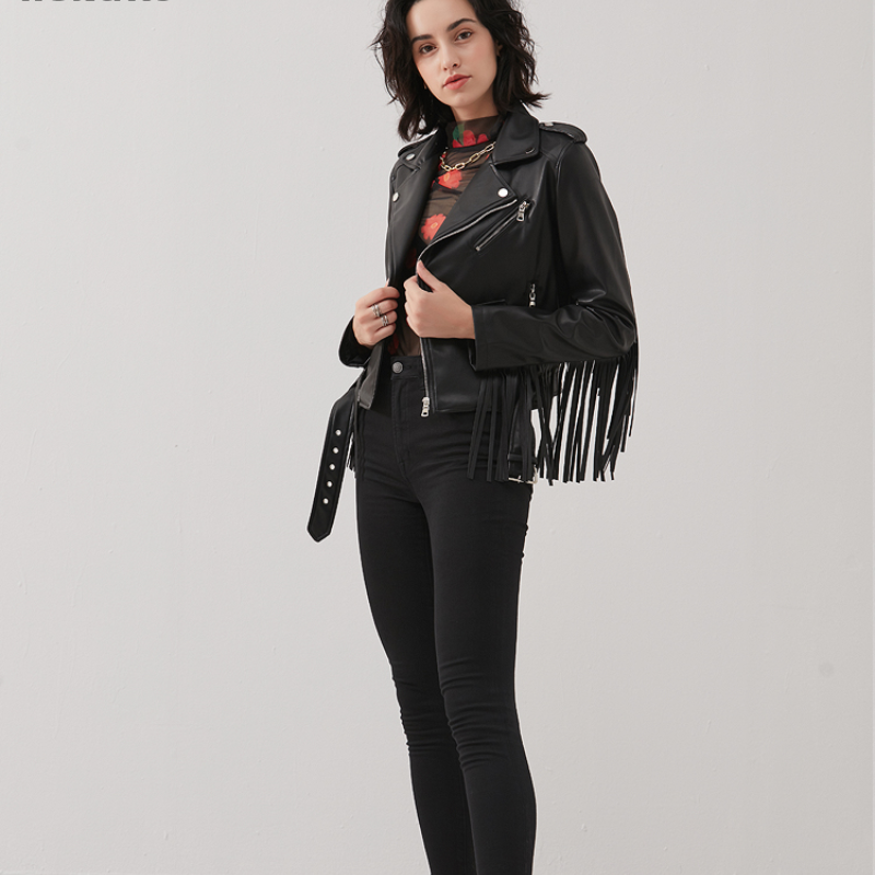 Tassel Slim PU Leather Motorcycle Jacket — Women&
